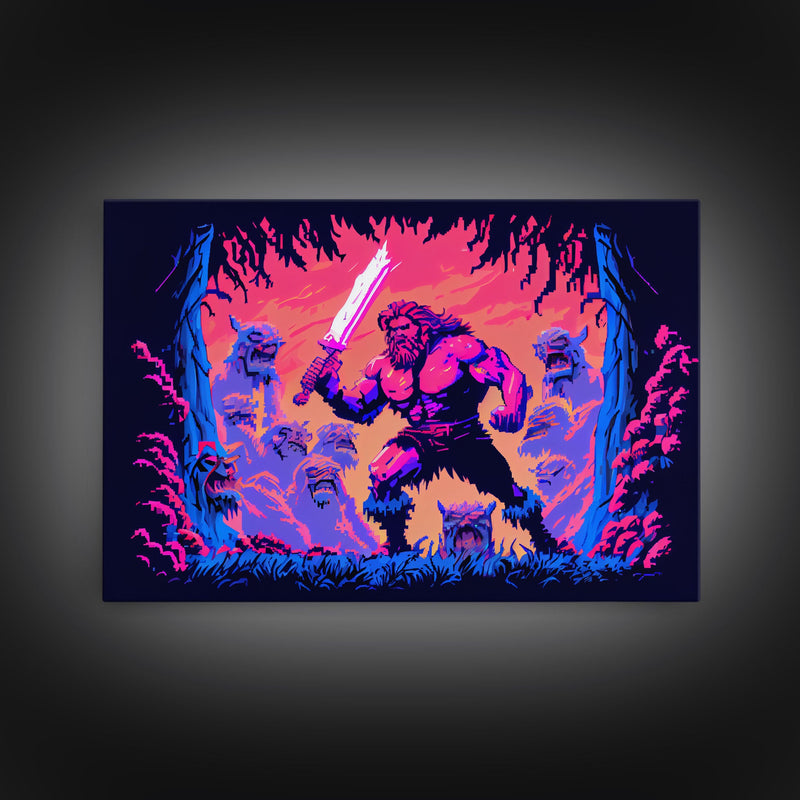 Barbarian pixel art, vaporwave RPG concept art, framed canvas print, synthwave tabletop art