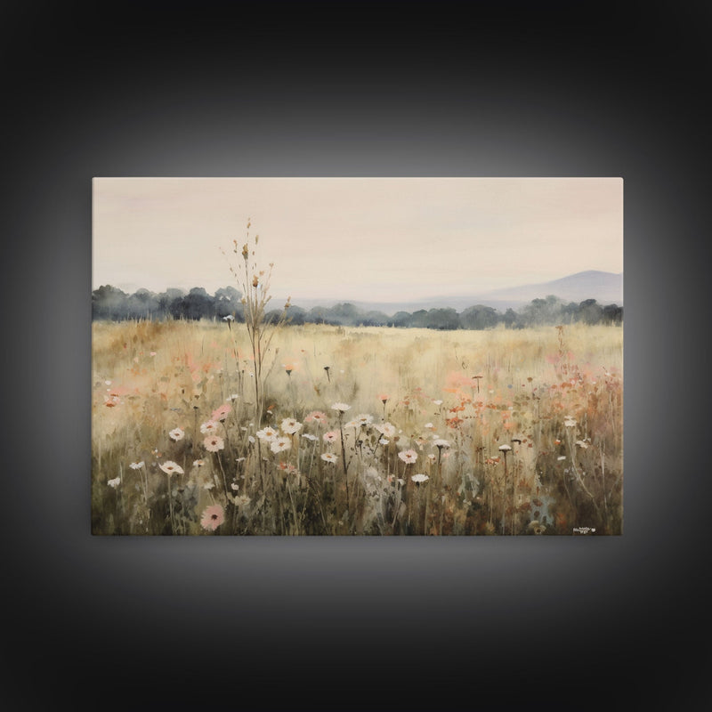 Wildflower Fields Landscape Oil Painting Print Large Wall Art Print, Framed Canvas Nature Wall Decor, Rustic Living Room Country Landscape