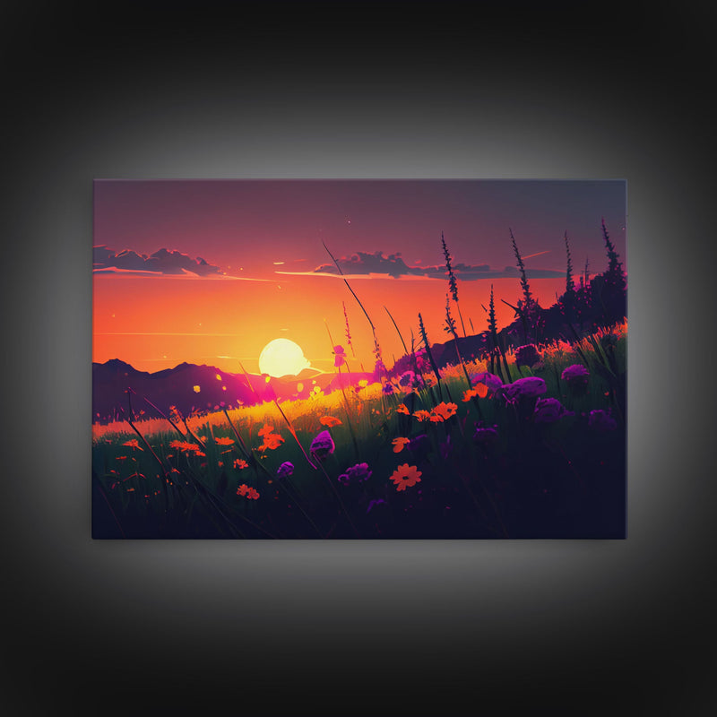 Watercolor of a beautiful sunset over a vibrant field of flowers, framed canvas print, framed art