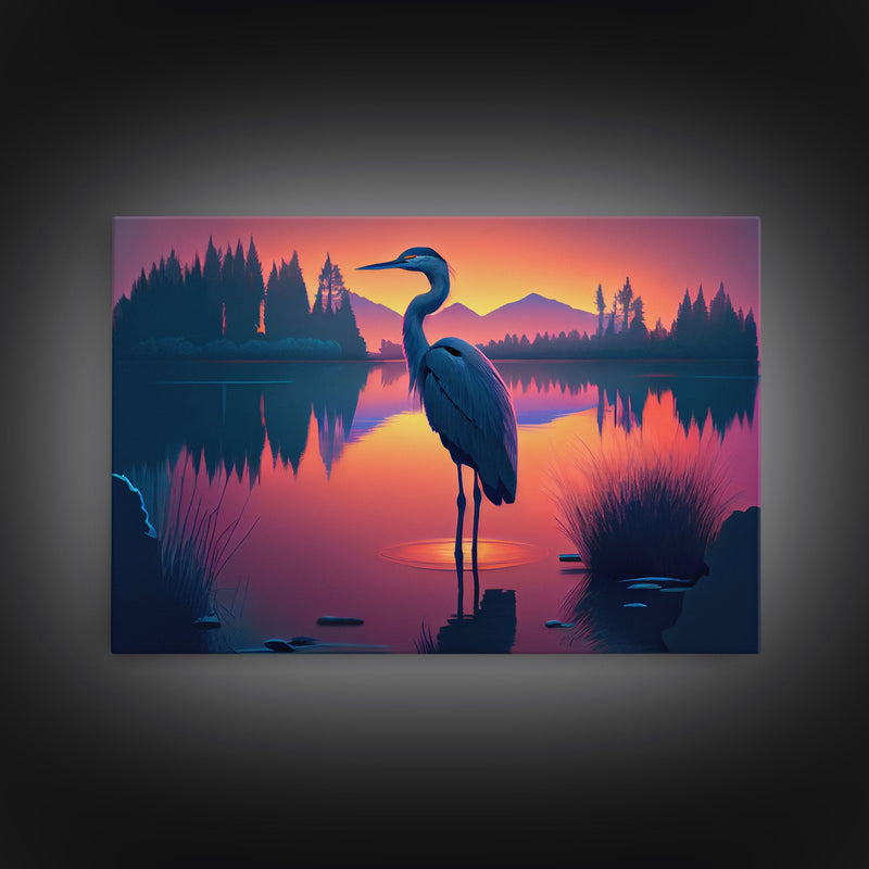 A stork standing in a calm lake at sunset, framed canvas print