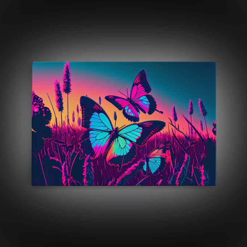 Beautiful turquoise butterfly art, vaporwave aesthetic pastel art, framed canvas print, synthwave art