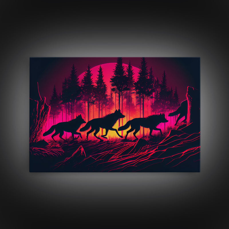 Wolf Pack on the hunt at sunset, synthwave animal art, framed canvas print