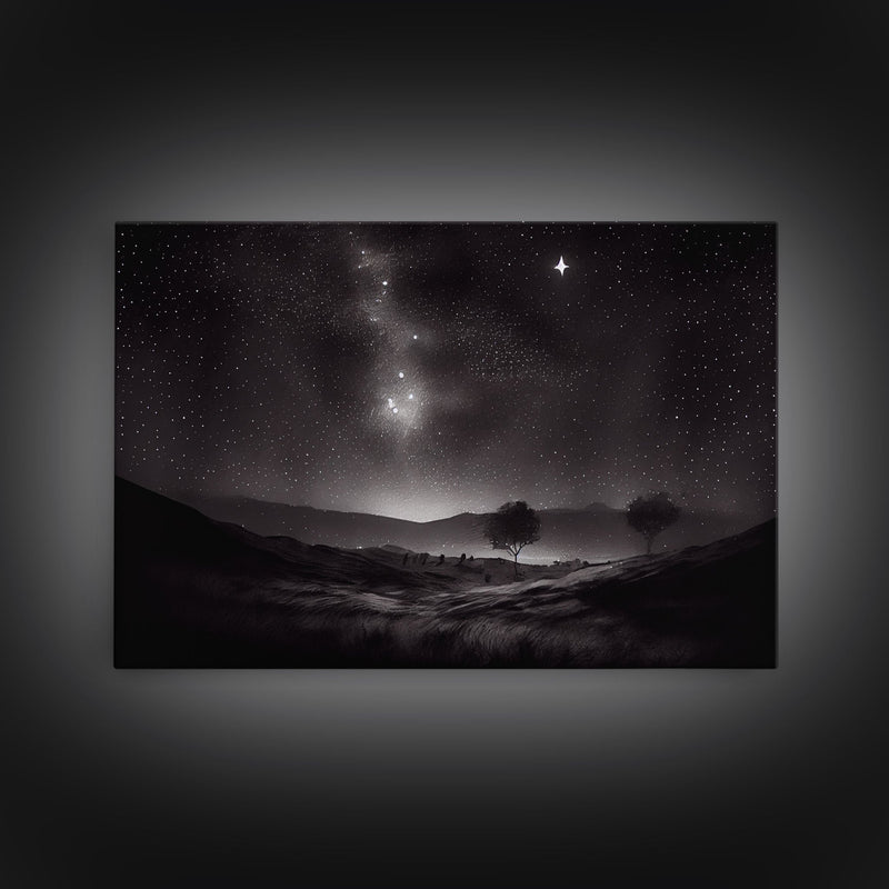 Black and white Watercolor of a starry night sky over the planes of Texas, framed canvas print