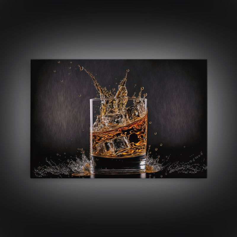 Whiskey Wall DÃ©cor, Glass of Whiskey with Splash, Man Cave Wall Art, Whisky Artwork, Home Bar Decor, Framed Canvas Print