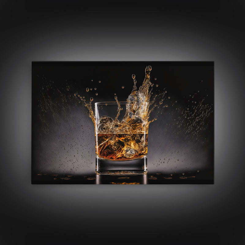 Whiskey Wall DÃ©cor, Glass of Whiskey with Splash, Man Cave Wall Art, Whisky Artwork, Home Bar Decor, Framed Canvas Print, Manly Art