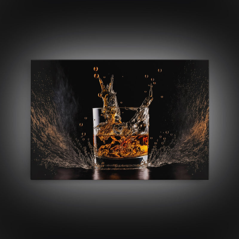 Whiskey Wall DÃ©cor, Ice falling into a glass of whiskey, modern / contemporary bar wall art, framed canvas print