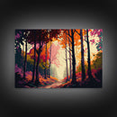 Pop Art Style Fall Forest Landscape, Framed Canvas Print, Unique living room wall art, above sofa art, Color Pop forest art