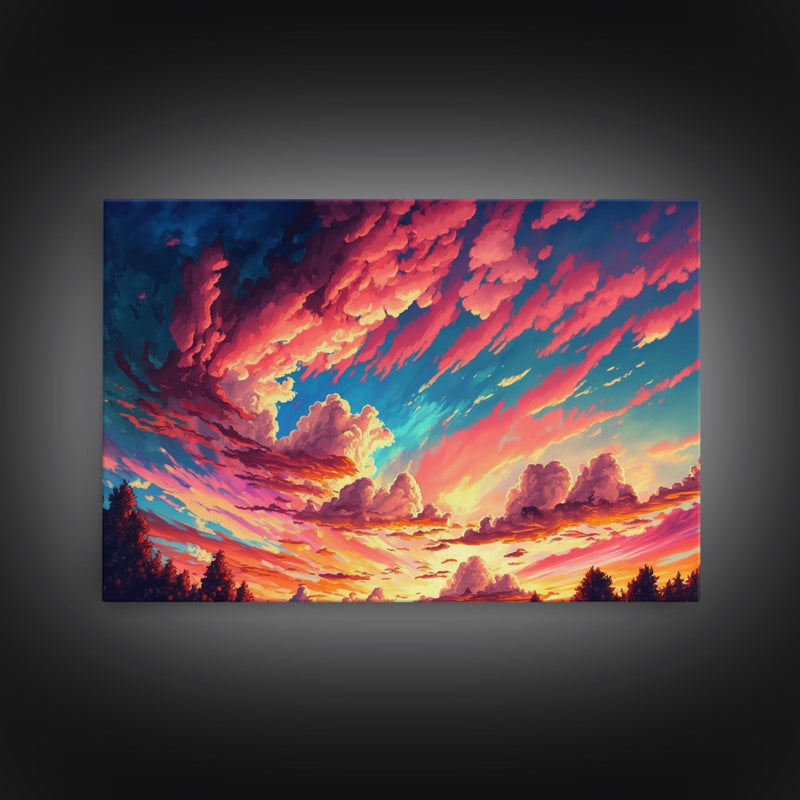 Watercolor of a beautiful cloudy sky at sunset, framed canvas print, landscape art, unique framed wall art