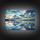 Reflections in Ice, Framed canvas print, unique farmhouse wall art, blue and white tones