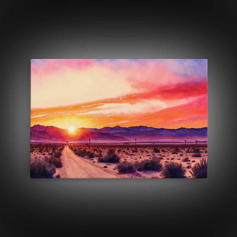 Arizona Desert at Sunset, Dirt Road, Framed Canvas Print, Colorful Wall Art, Sofa Art