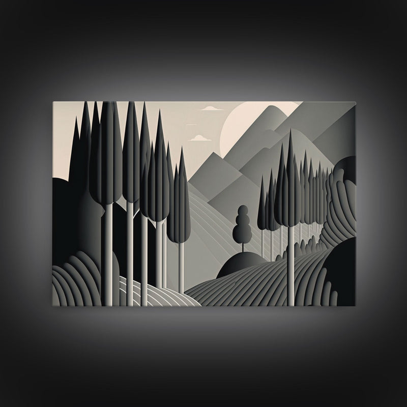 Art Deco Style Greyscale Landscape, Monochromatic Drab and Dreary art, framed canvas print, large format art