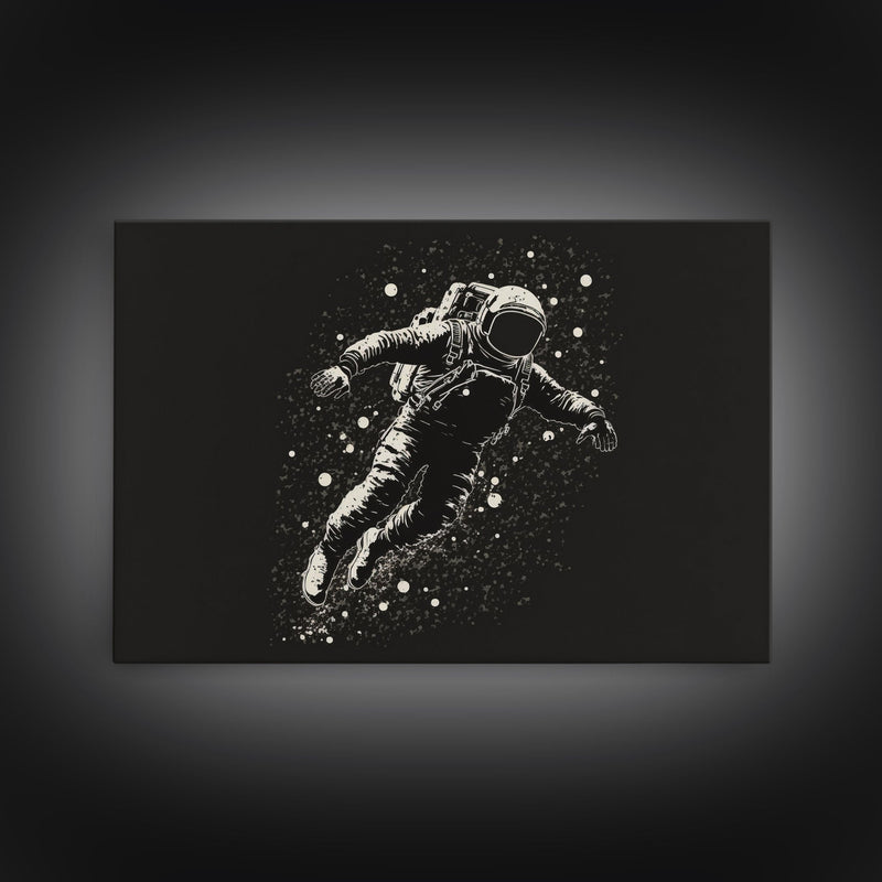 Adrift - Astronaut Lost In Space - Framed Canvas Print - Black and White Space Art