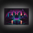 Retro Style Synthwave Wireframe City, Outrun Style, Framed Canvas Print, 80s Vibes Art