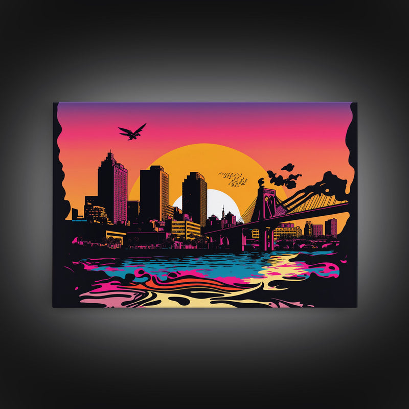 Beautiful Portland, Oregon Retro Synthwave Style Sunset Art, Framed Canvas Print, Pacific Northwest City Art