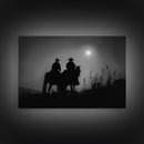Cowboys Under A Full Moon, Framed Canvas Print, Black and White Western Photography, Wild West Art, Western Decor, Farmhouse Country Art
