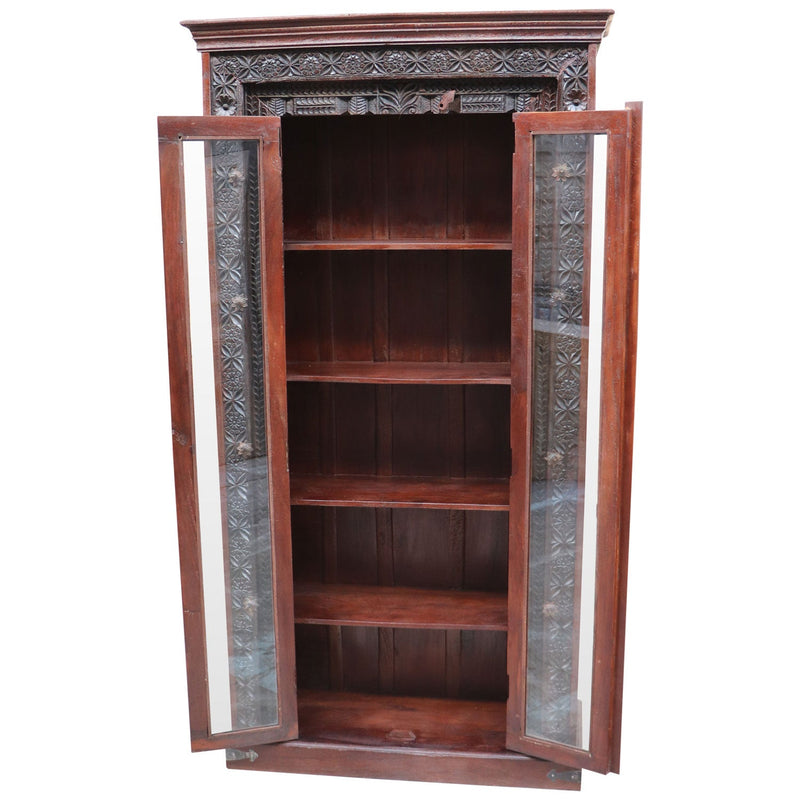 1900s Carved Doorframe Upcycled Curio Cabinet With Glass Doors