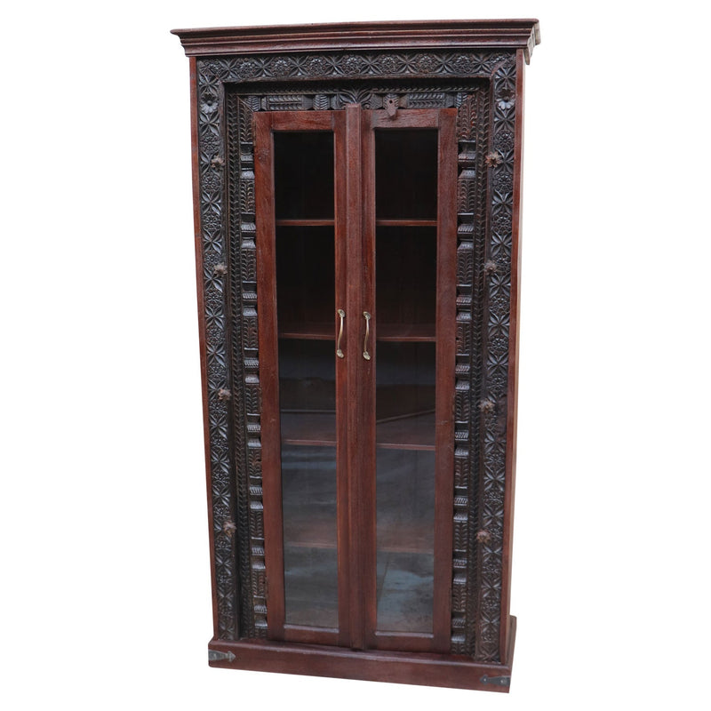 1900s Carved Doorframe Upcycled Curio Cabinet With Glass Doors
