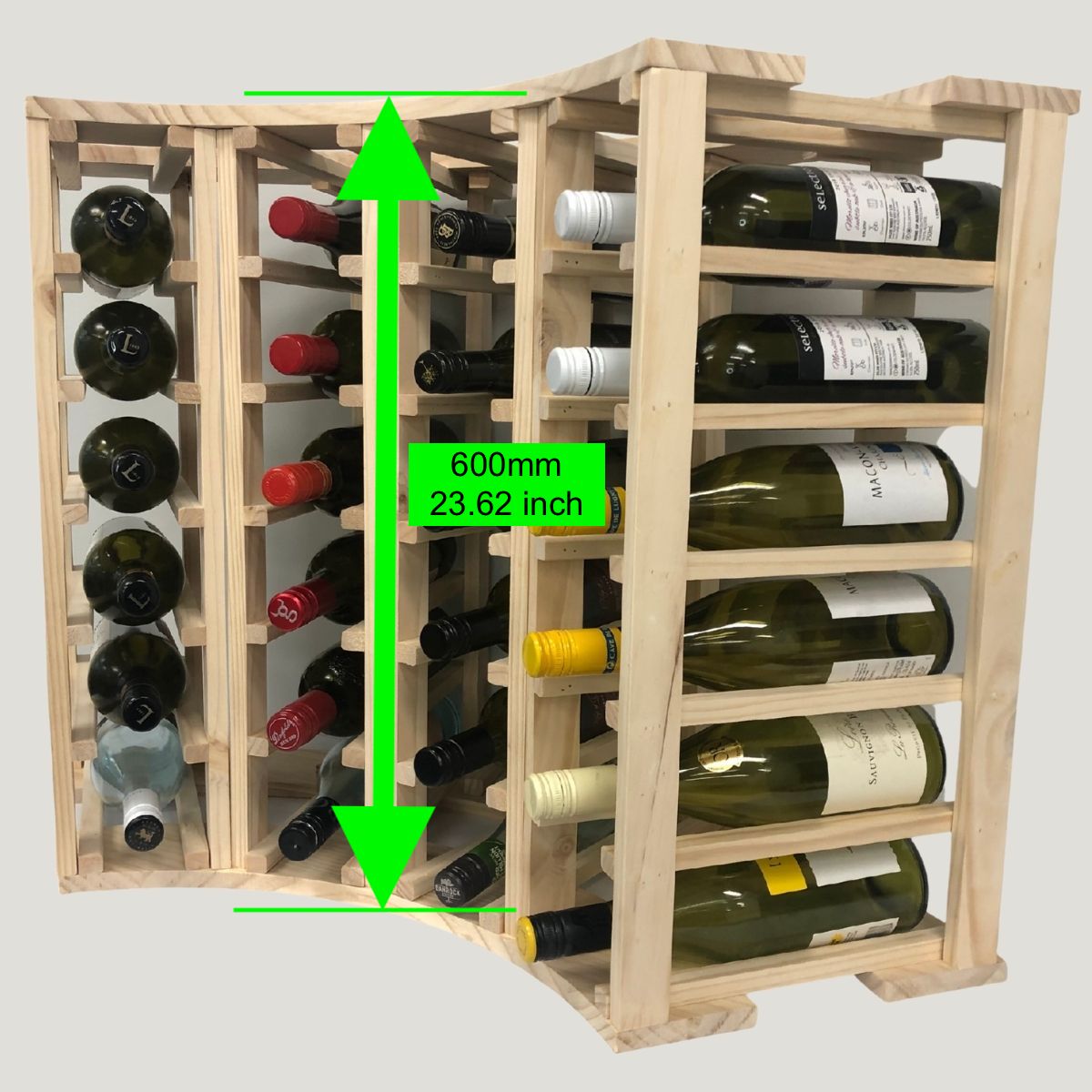 4-Column 24-Bottle Curved Corner Wine Cube - 18mm Thick, dimensions drawing