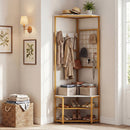 Corner Hall Tree Freestanding Coat Rack with Storage Shelves Removable Hooks