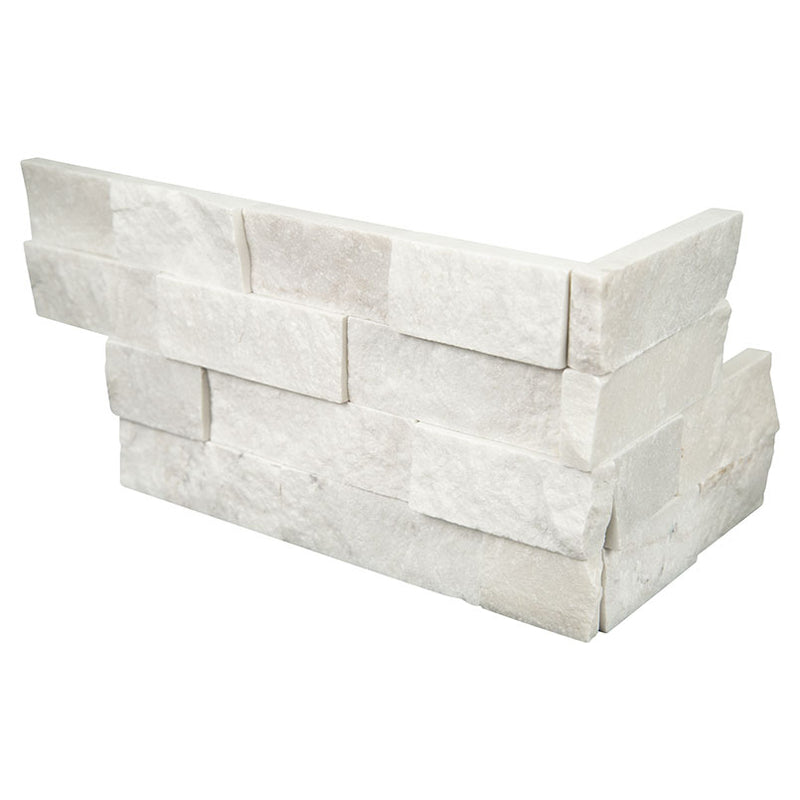 Cosmic white ledger corner 6x18 splitface marble wall tile LPNLMCOSWHI618COR product shot angle view