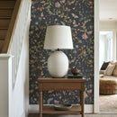 Cottage Meadow Twilight – Navy Floral Wallpaper with Butterflies