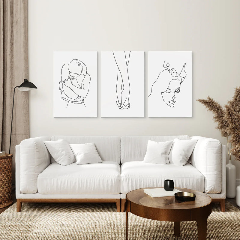 3 Piece Minimalistic Line Art Set. Couple, Holding Hands