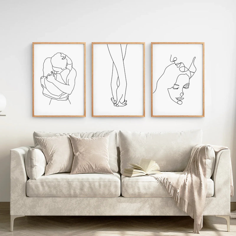 3 Piece Minimalistic Line Art Set. Couple, Holding Hands