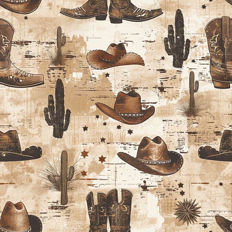 Rustic Cowboy Wallpaper - Removable Western Wallpaper with Hats, Boots & Cacti