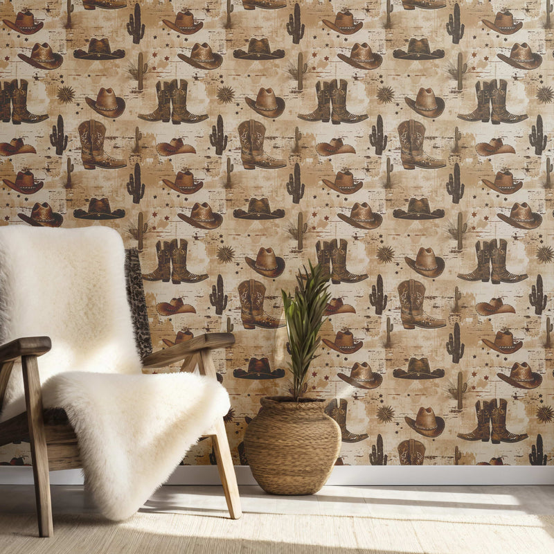 Rustic Cowboy Wallpaper - Removable Western Wallpaper with Hats, Boots & Cacti