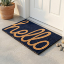 Cursive Hello Doormat Handwoven, Durable - Dark Blue