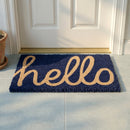 Cursive Hello Doormat Handwoven, Durable - Dark Blue