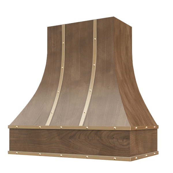 American Walnut Range Hood With Curved Front, Brass Strapping, Buttons and Block Trim - 30", 36", 42", 48", 54" and 60" Widths Available