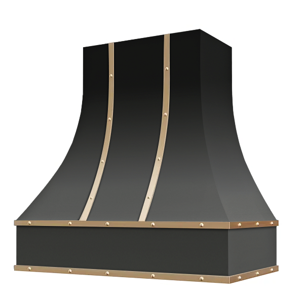 Black Range Hood With Curved Front, Brass Strapping, Buttons and Block Trim - 30", 36", 42", 48", 54" and 60" Widths Available