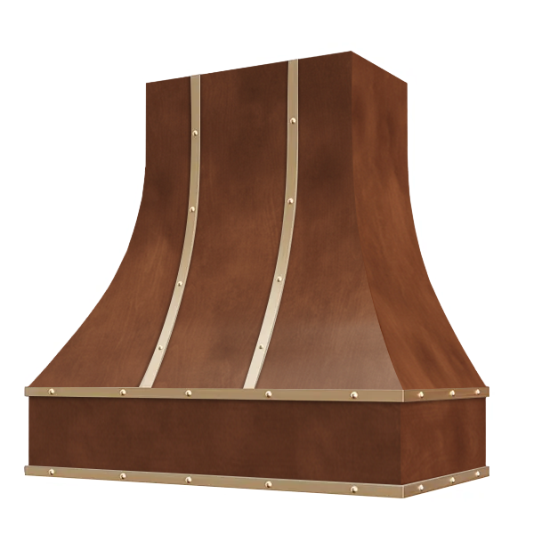 Chocolate Range Hood With Curved Front, Brass Strapping, Buttons and Block Trim - 30", 36", 42", 48", 54" and 60" Widths Available