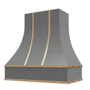 Grey Range Hood With Curved Front, Brass Strapping and Buttons - 30", 36", 42", 48", 54" and 60" Widths Available