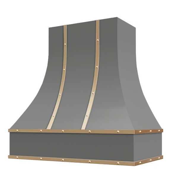 Grey Range Hood With Curved Front, Brass Strapping, Buttons and Block Trim - 30", 36", 42", 48", 54" and 60" Widths Available