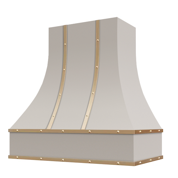 Light Grey Range Hood With Curved Front, Brass Strapping, Buttons and Block Trim - 30", 36", 42", 48", 54" and 60" Widths Available