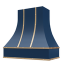 Navy Blue Range Hood With Curved Front, Brass Strapping and Buttons - 30", 36", 42", 48", 54" and 60" Widths Available