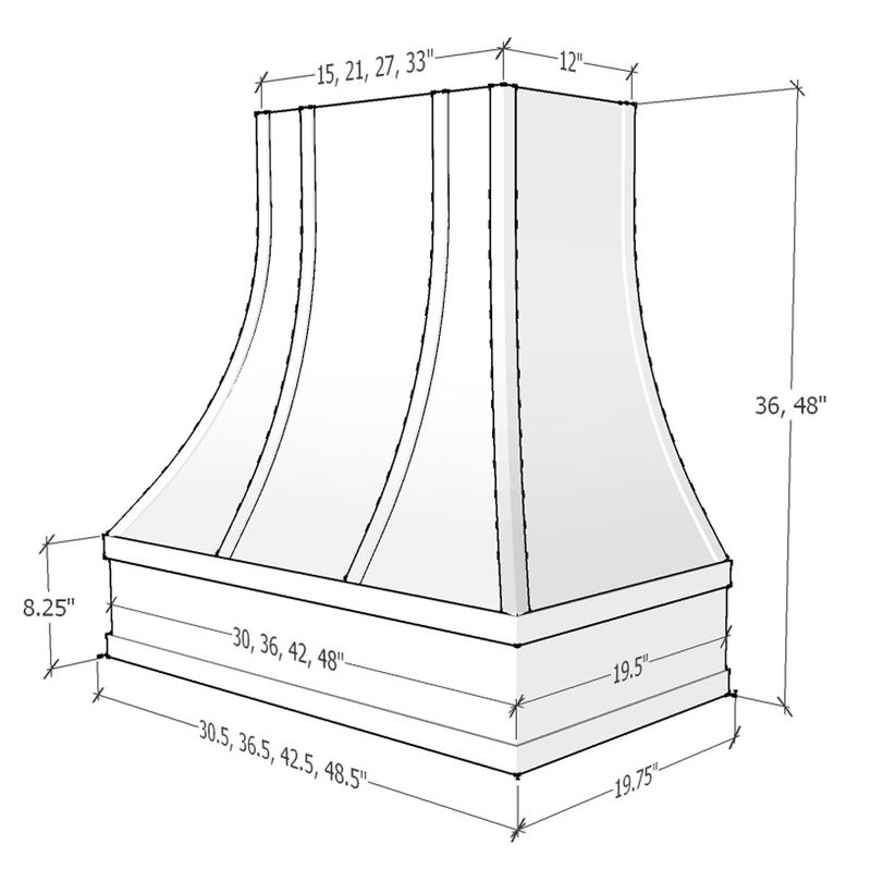 Unfinished Range Hood With Curved Front, Silver Strapping and Block Trim - 30", 36", 42", 48", 54" and 60" Widths Available