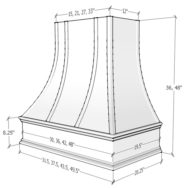 Unfinished Range Hood With Curved Front, Brass Strapping, Buttons and Block Trim - 30", 36", 42", 48", 54" and 60" Widths Available