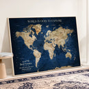 Framed Custom World Map Canvas Print - Deep Blue World Map