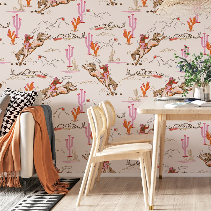 Whimsical Cowgirl Rodeo Wallpaper - Peel and Stick Western Wallpaper