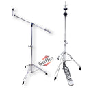 Deluxe PACK Set -  Hi-Hat Stand & Cymbal Boom Stand Kit (2x Stands) by GRIFFIN - Hi-Hat Pedal with Pull Chain, Chrome Double-Braced Legs & Counterweight Adapter for Crash, Ride & Splash Cymbals