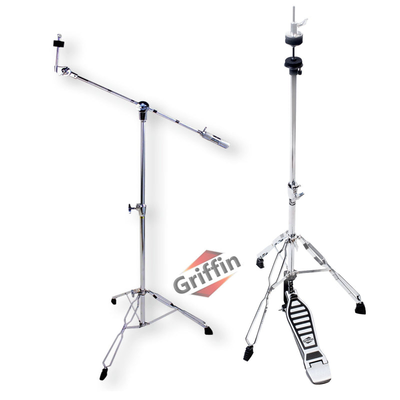 Deluxe PACK Set -  Hi-Hat Stand & Cymbal Boom Stand Kit (2x Stands) by GRIFFIN - Hi-Hat Pedal with Pull Chain, Chrome Double-Braced Legs & Counterweight Adapter for Crash, Ride & Splash Cymbals