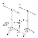 3 PACK - Cymbal Stand With Boom Arm & Snare Drum Stand Kit by GRIFFIN | Percussion Chrome Gear Hardware Set with Double Braced Legs | Counterweight Adapter for Mounting Crash, Ride, Splash Cymbals