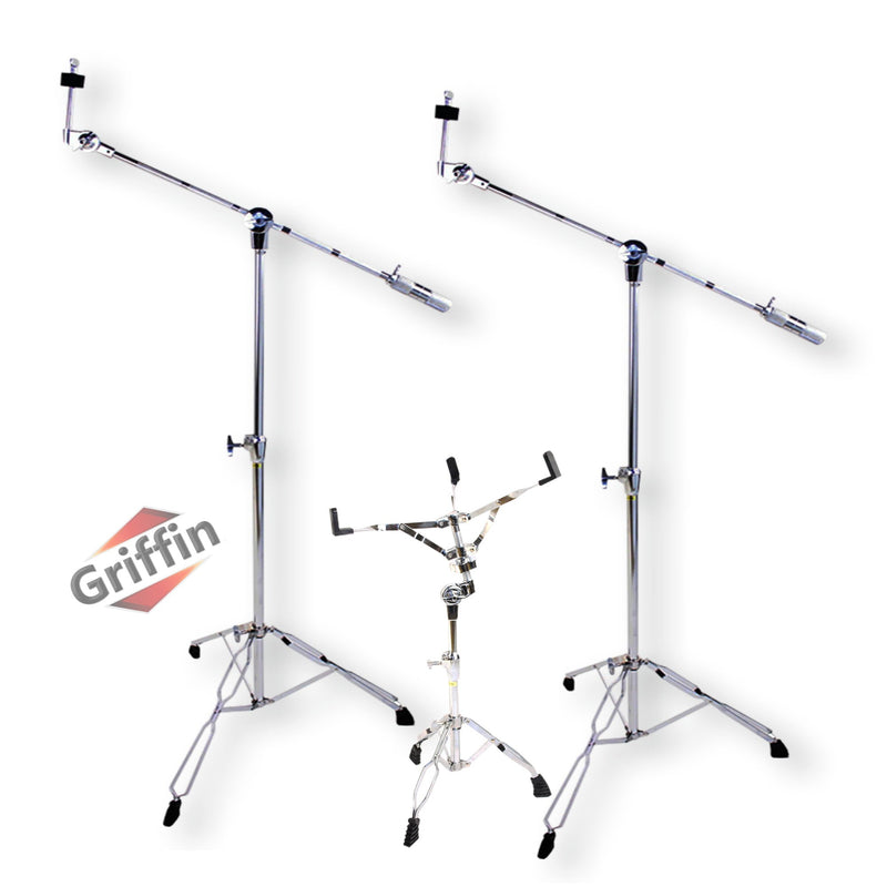 3 PACK - Cymbal Stand With Boom Arm & Snare Drum Stand Kit by GRIFFIN | Percussion Chrome Gear Hardware Set with Double Braced Legs | Counterweight Adapter for Mounting Crash, Ride, Splash Cymbals
