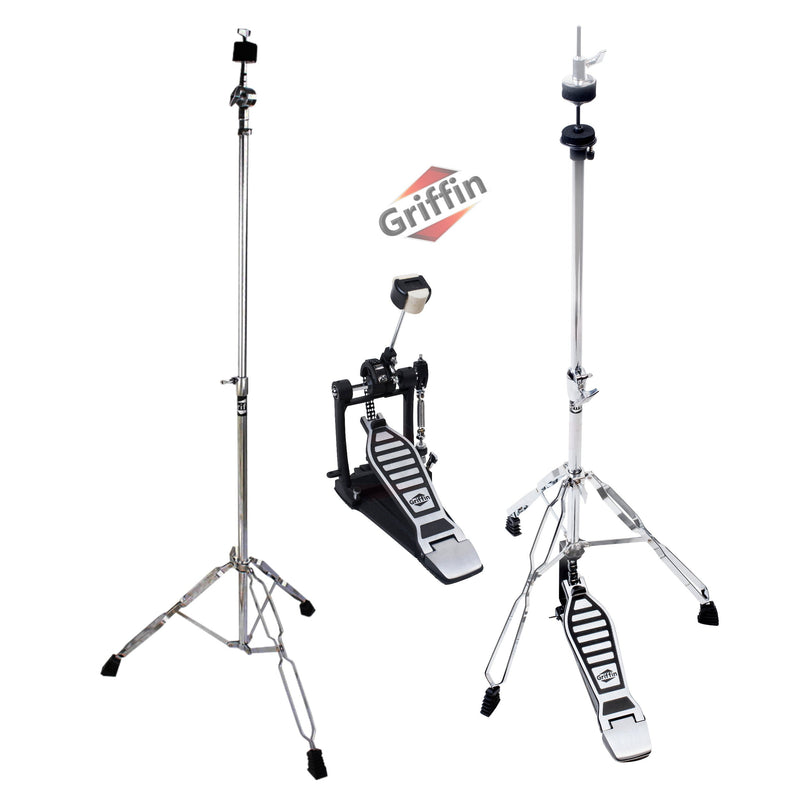 3 PACK - Hi-Hat Stand, Kick Drum Pedal & Straight Cymbal Stand Hardware Kit by GRIFFIN | Deluxe Full Size Percussion Chrome Hardware Set | Lightweight, Portable & Mobile, Perfect for Drummer Gigs
