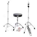 GRIFFIN Drum Hardware 3 PACK - Hi-Hat Stand, Drummers Throne Seat & Straight Cymbal Stand | Deluxe Chrome Slip-Proof Gear Holder Percussion Set for Mounting Medium-Duty Crash, Ride & Splash Cymbals