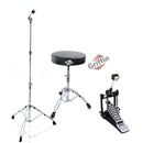 3 PACK GRIFFIN Drum Hardware Set - Kick Drum Pedal, Drummers Throne Seat & Straight Cymbal Stand | Deluxe Chrome Slip-Proof Gear Holder Percussion Set for Mounting Crash, Ride & Splash Cymbals