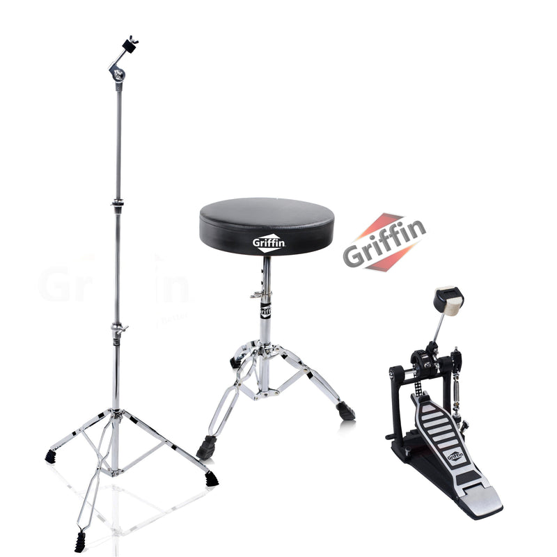 3 PACK GRIFFIN Drum Hardware Set - Kick Drum Pedal, Drummers Throne Seat & Straight Cymbal Stand | Deluxe Chrome Slip-Proof Gear Holder Percussion Set for Mounting Crash, Ride & Splash Cymbals